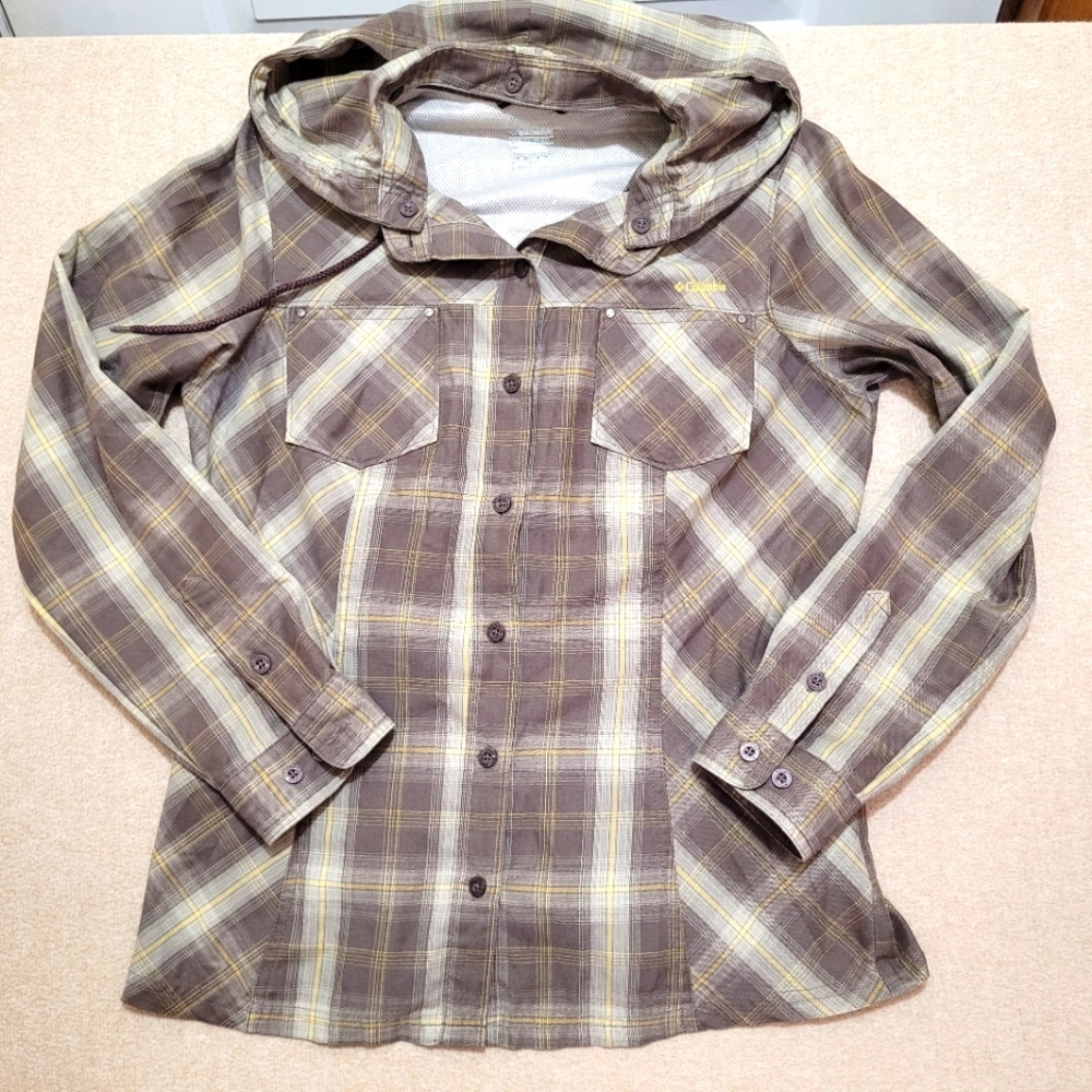 Columbia Shirt Womens XL Brown Madras Plaid Omni Shade Titanium Fishing Roll Tab